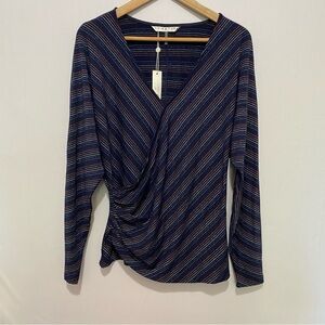 Trina Turk Whitley Top Large NWT | Navy Striped Drape Blouse Office Chic‎